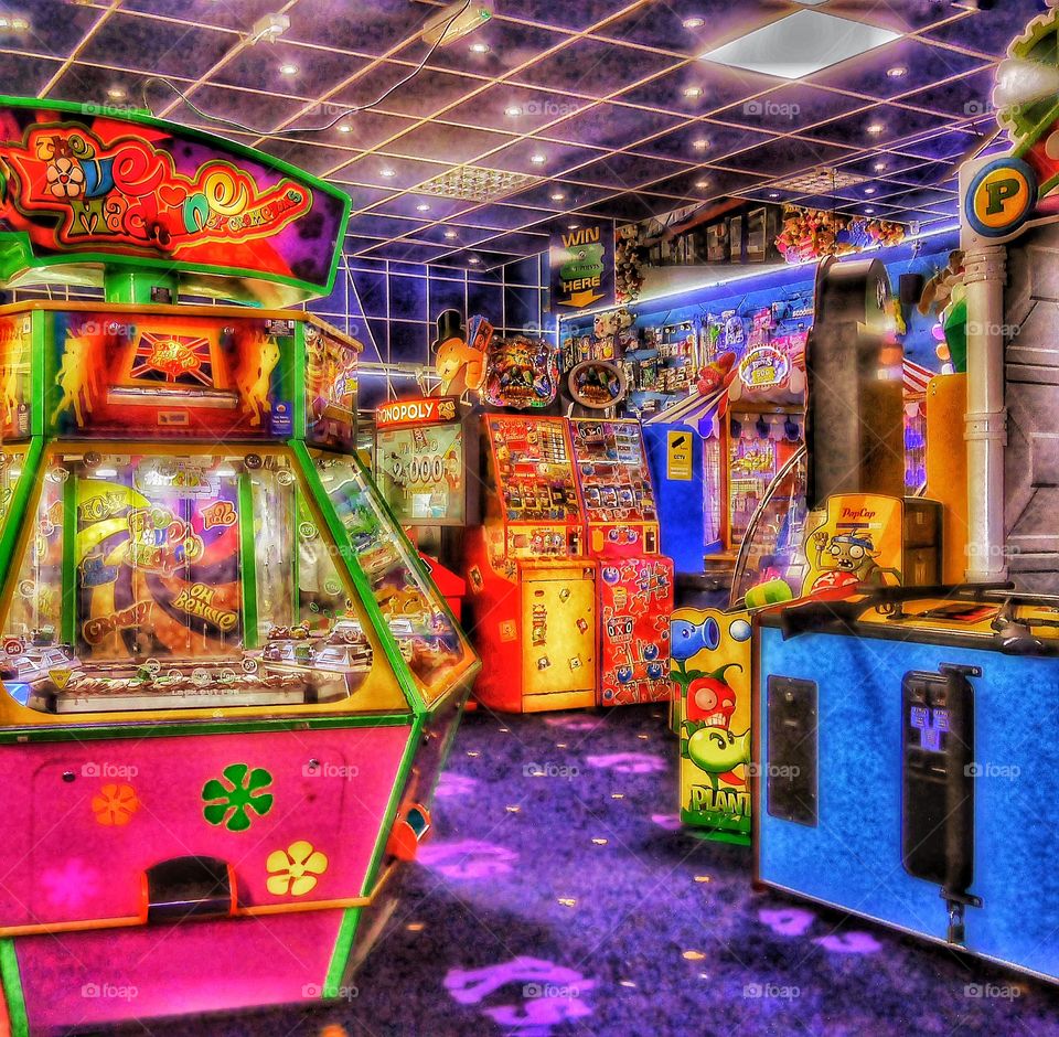 Arcade. amusement,amusements,arcade,gambling,neon,light,lights,interior,seaside,resort,slots,slot,machine,