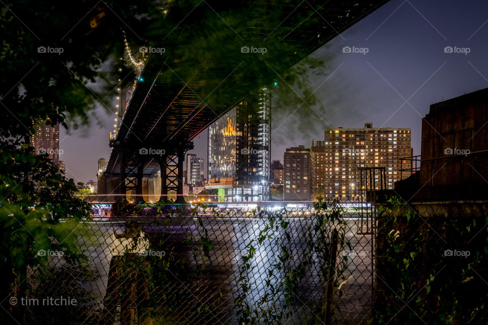 Peering through the brush, past the wire fence, Manhattan beckons. Manhattan Bridge, NYC, USA