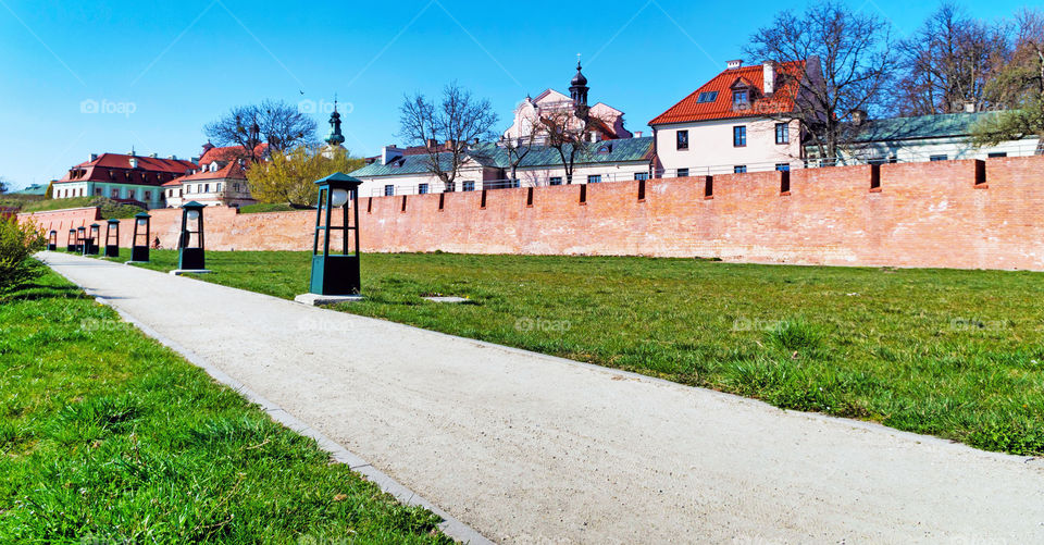 Footpath by houses on field against blue sky.