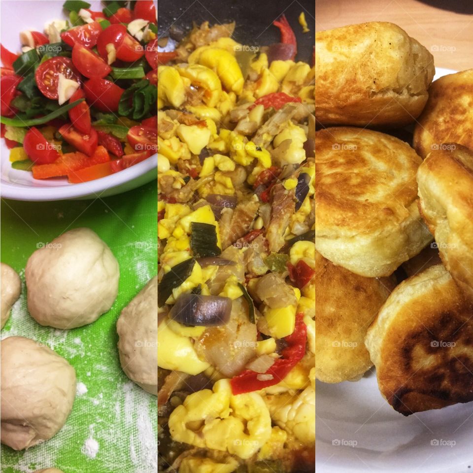Jamaican Saltfish & Ackee traditional food dish with fried dumplings 