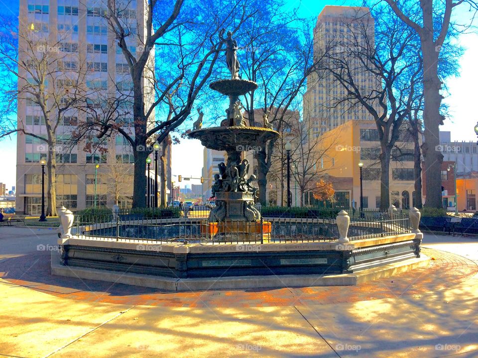 Court Square Fountain. Memphis TN. Midday in the park. 