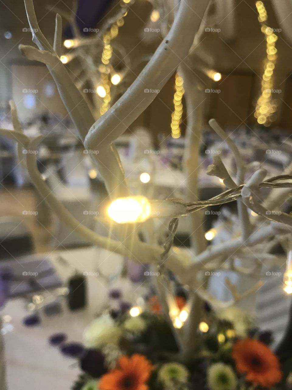 Closeup of a lit up table decoration centre piece.