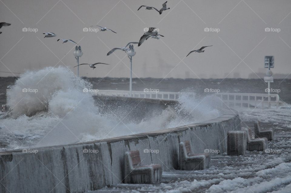 water in motion - big strong wave splash during storm on the Baltic sea in Poland