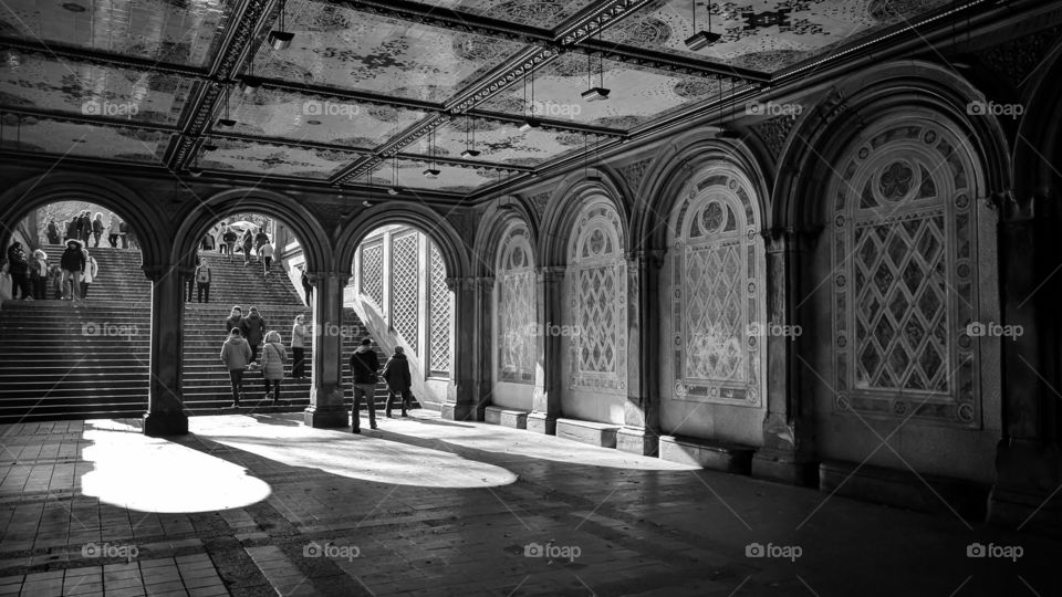 Walking under the Bethesda Terrace in Central Park