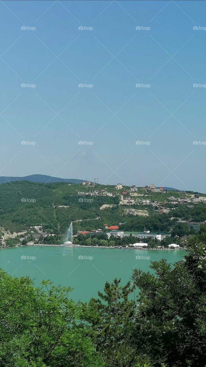 View of the lake and the village of Abrau-Dyurso