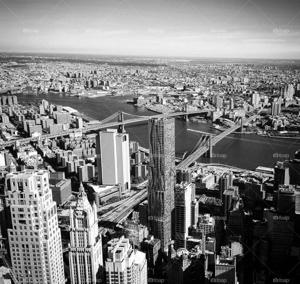 Brooklyn and Manhattan Bridges. View from One World Observatory at the Freedom Tower in NY