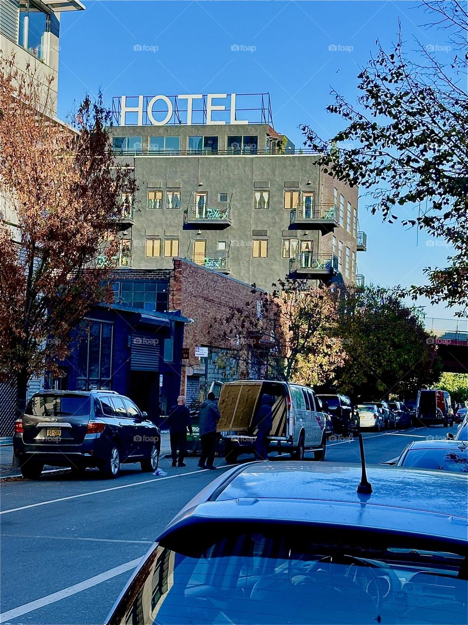 This is the “BOX HOUSE HOTEL” on “Box Street” in “Greenpoint”, Brooklyn. I pass by here regularly on the way to the “Pulaski Bridge” and “Newtown Creek” where our boat is after running errands in “Bushwick”, Bklyn. 2023. Hypnotic Productions