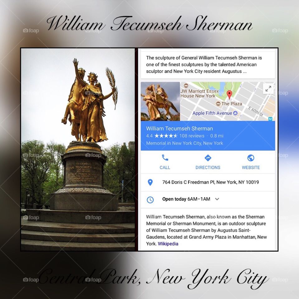 William Tecumseh Sherman Statue - New York City. Instagram,@PennyPeronto