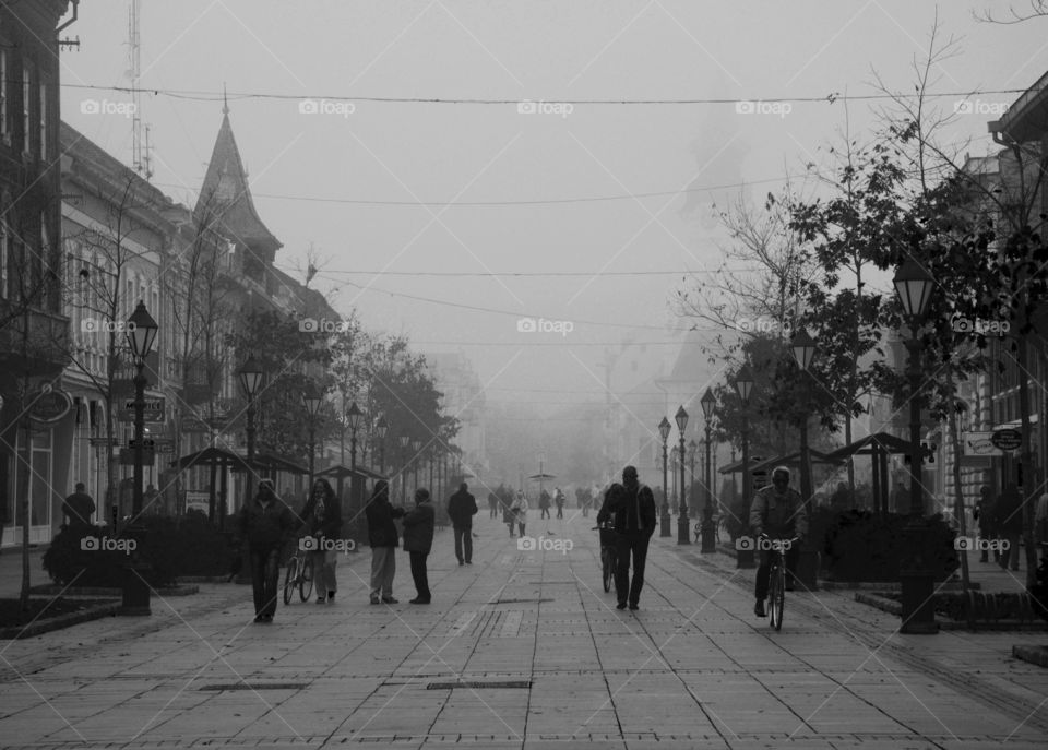 city center in fog. city center of  Sombor in northern Serbia in foggy morning