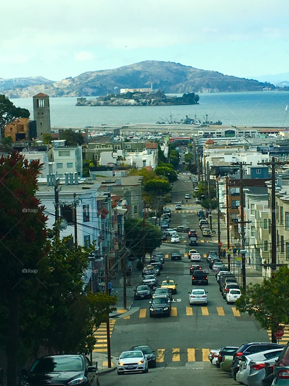 Streets of San Francisco and Alcatraz in the distance. 