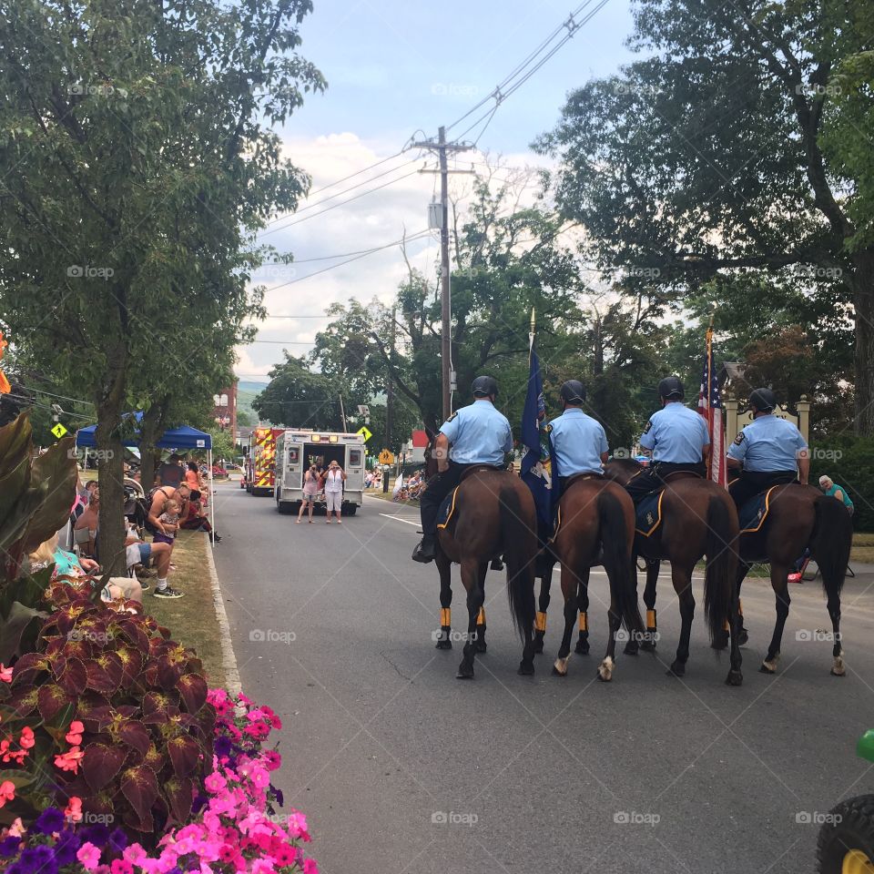 Mounted colorguard, small town American parade