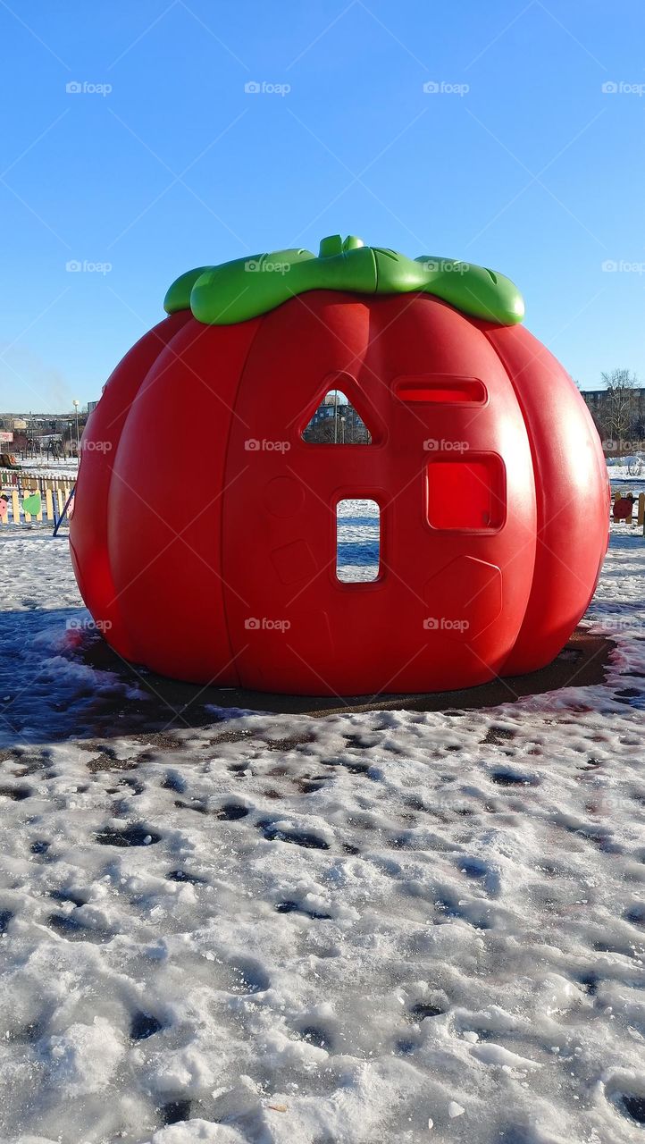 Giant plastic pumpkin, pumpkin,orange, playground, autumn,snow, pumpkin in the snow