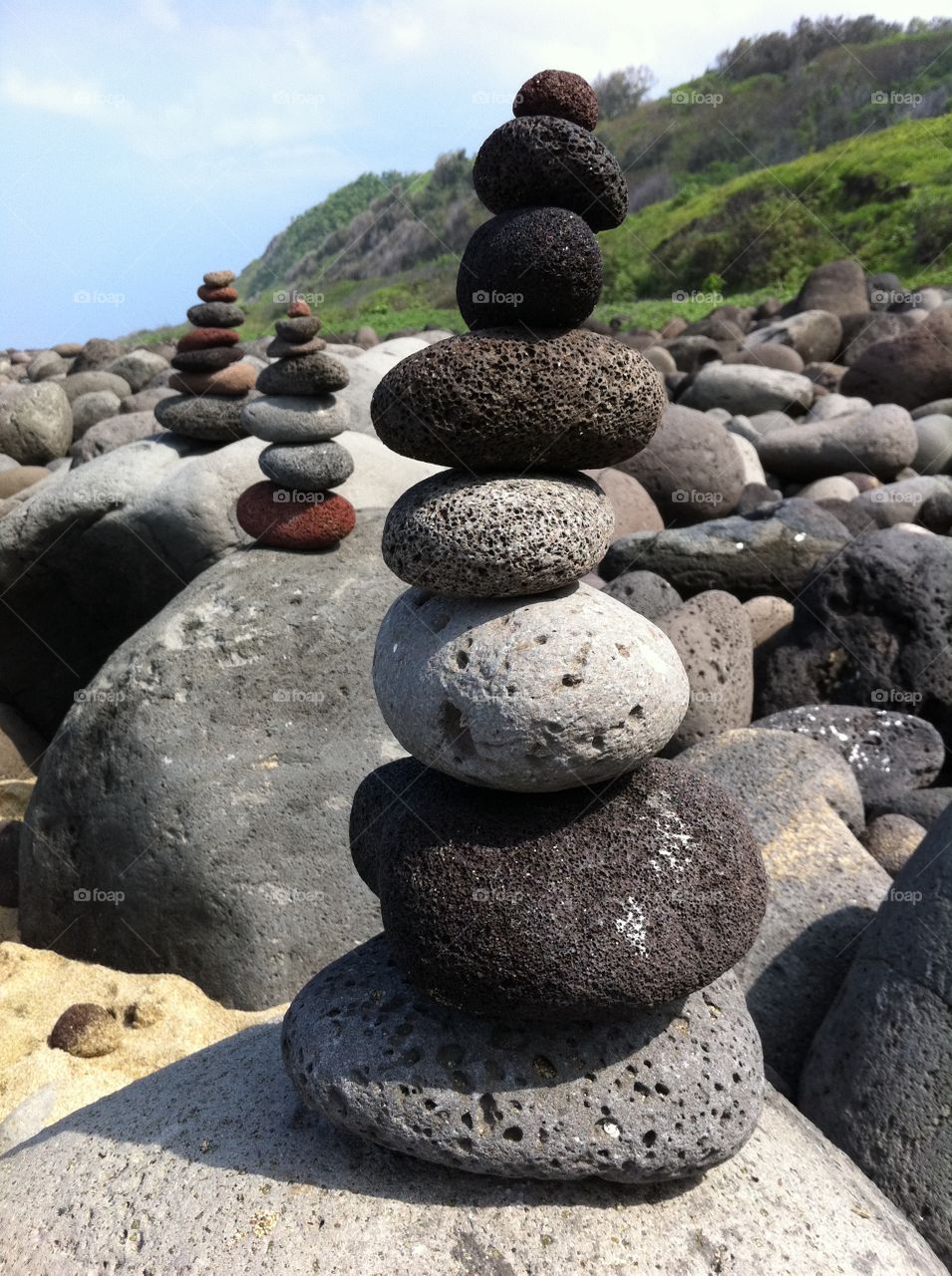 Stone pillars on Kalalau beach Kauai