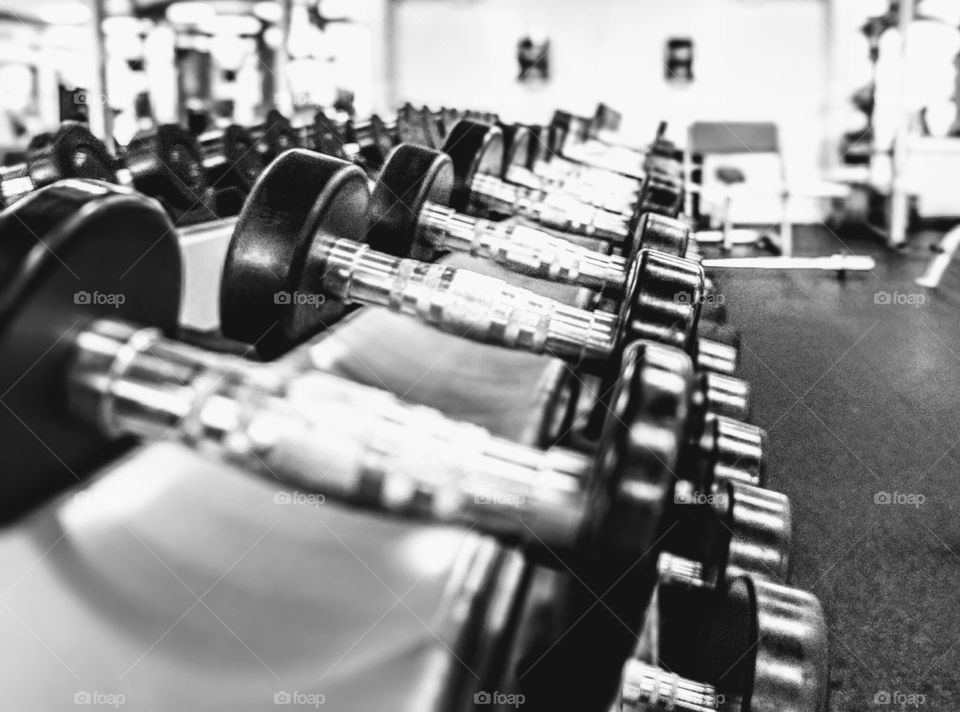 Free weights at gym on rack