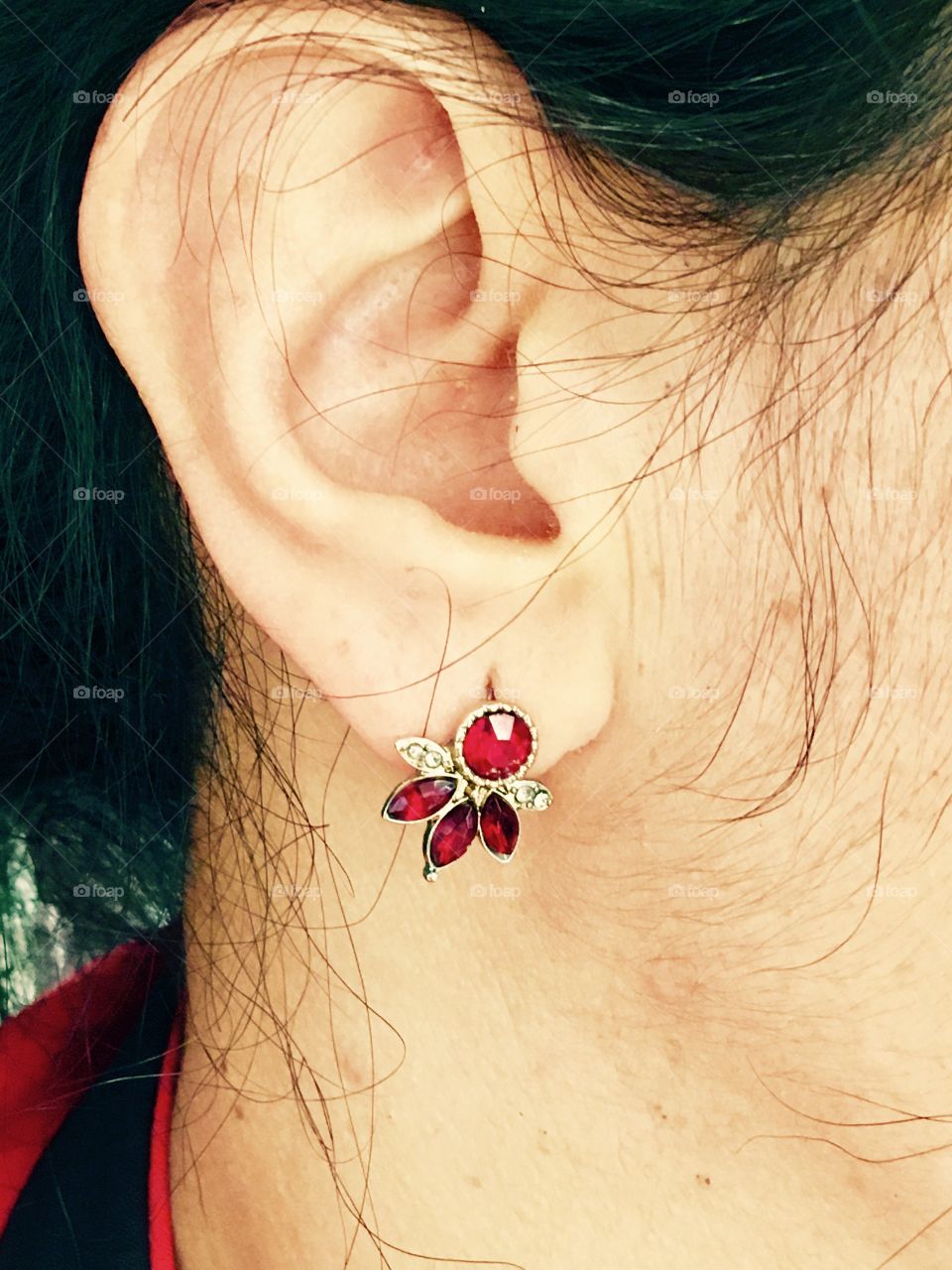 Red and gold Earring, ear, black hair 