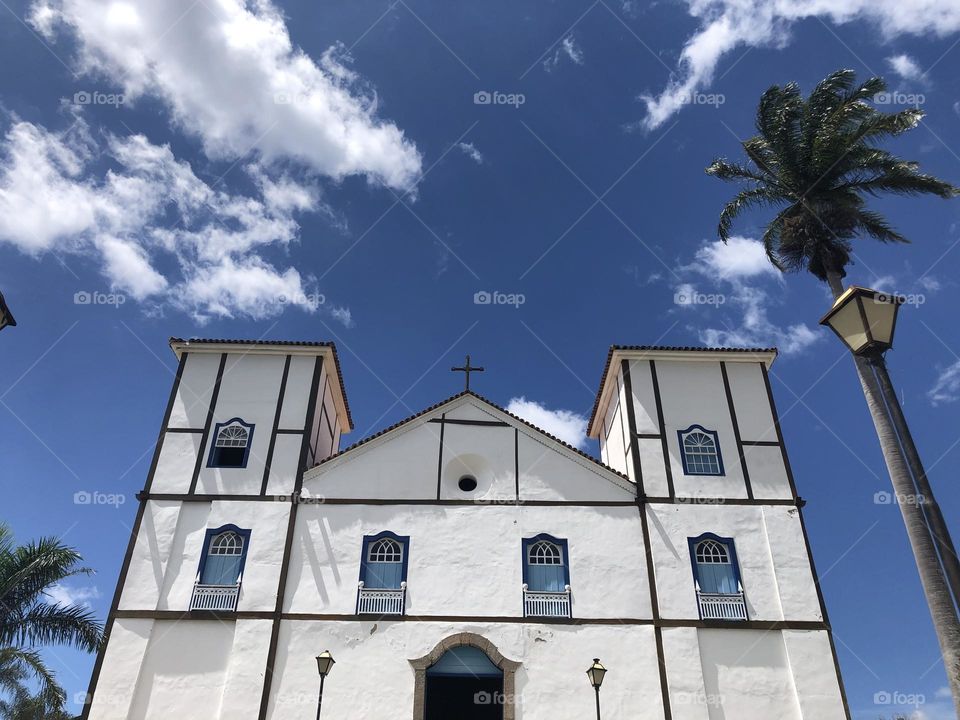 Church in white and blue and a beautiful sky