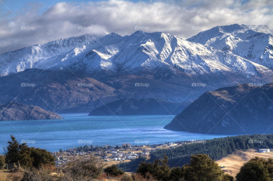 Lake in front of mountains 
