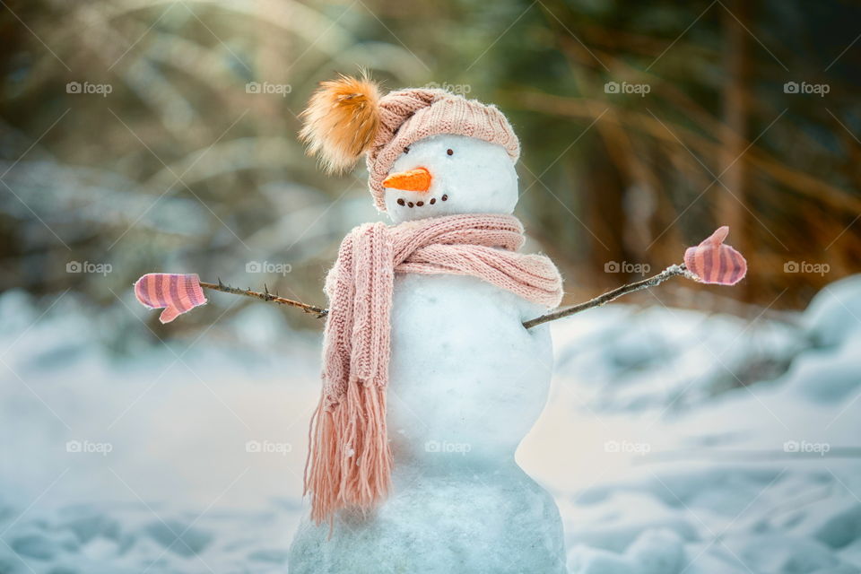 Snowman in crochet cap and scarf