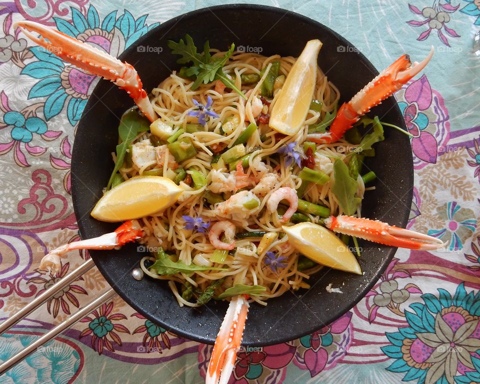 Directly above shot of spaghetti with seafood