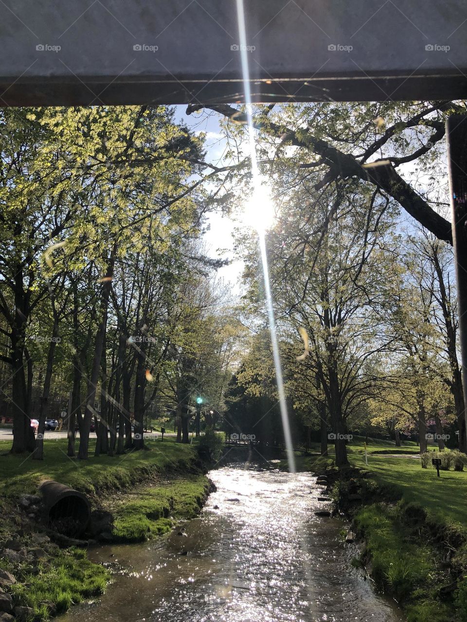 From the bluest of skys the Sun lights beam shining on a glare and camera flare through the tree tops onto the flowing waters of the creek below 