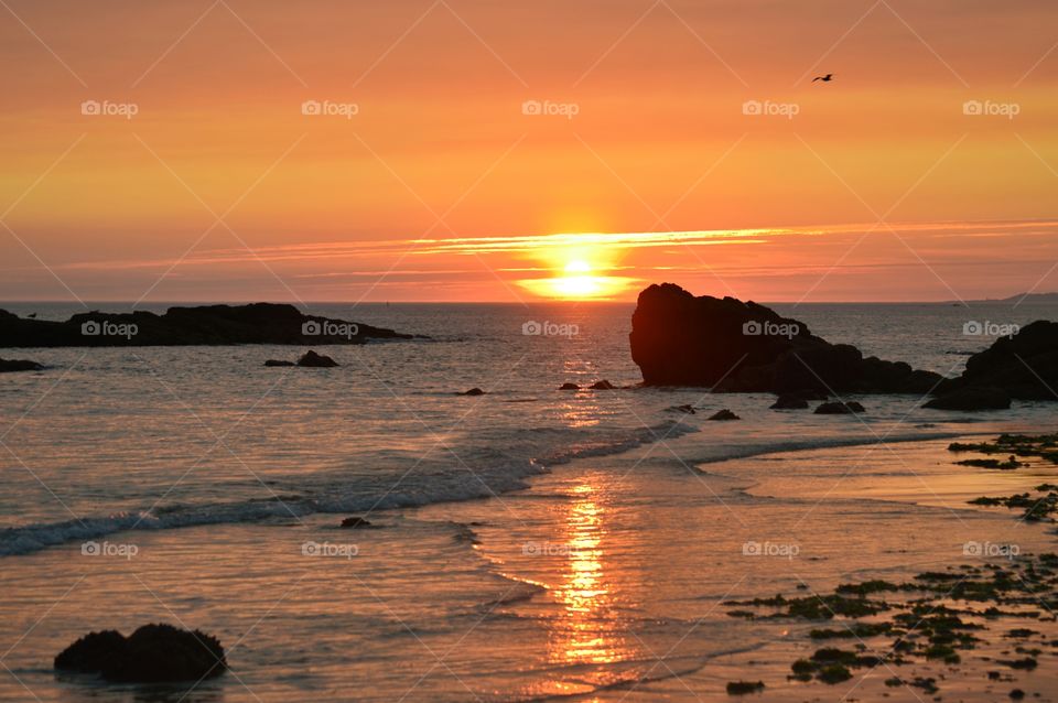 Sunset on the beach. View of the sunset from Bascuas beach, Galicia, Spain