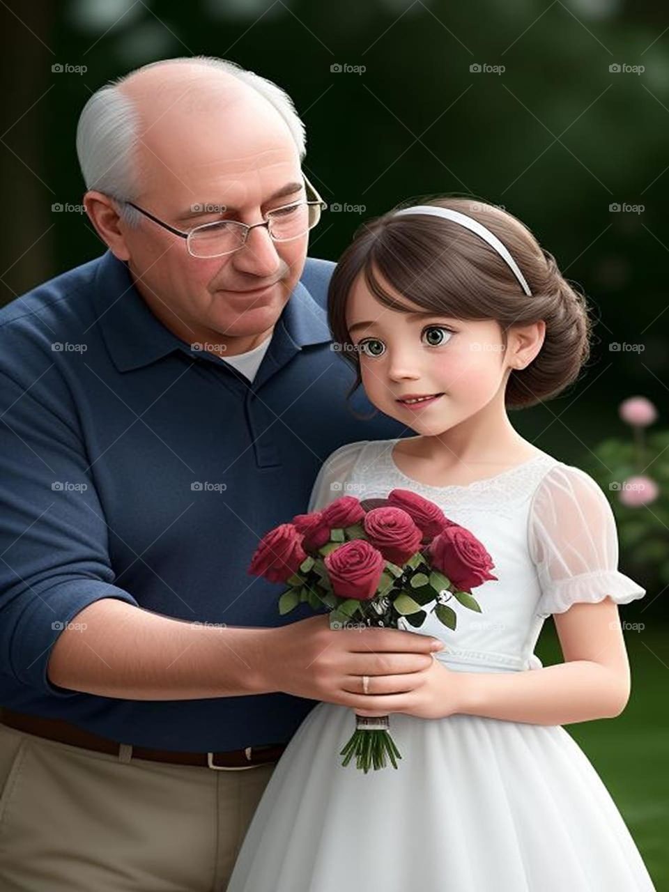 A man gives a gift of flowers to a little girl