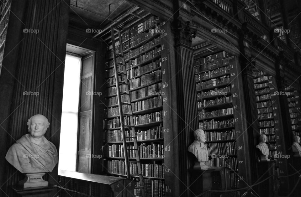 Black and white shot of the Old Library interior at Trinity College, Dublin, Ireland. 