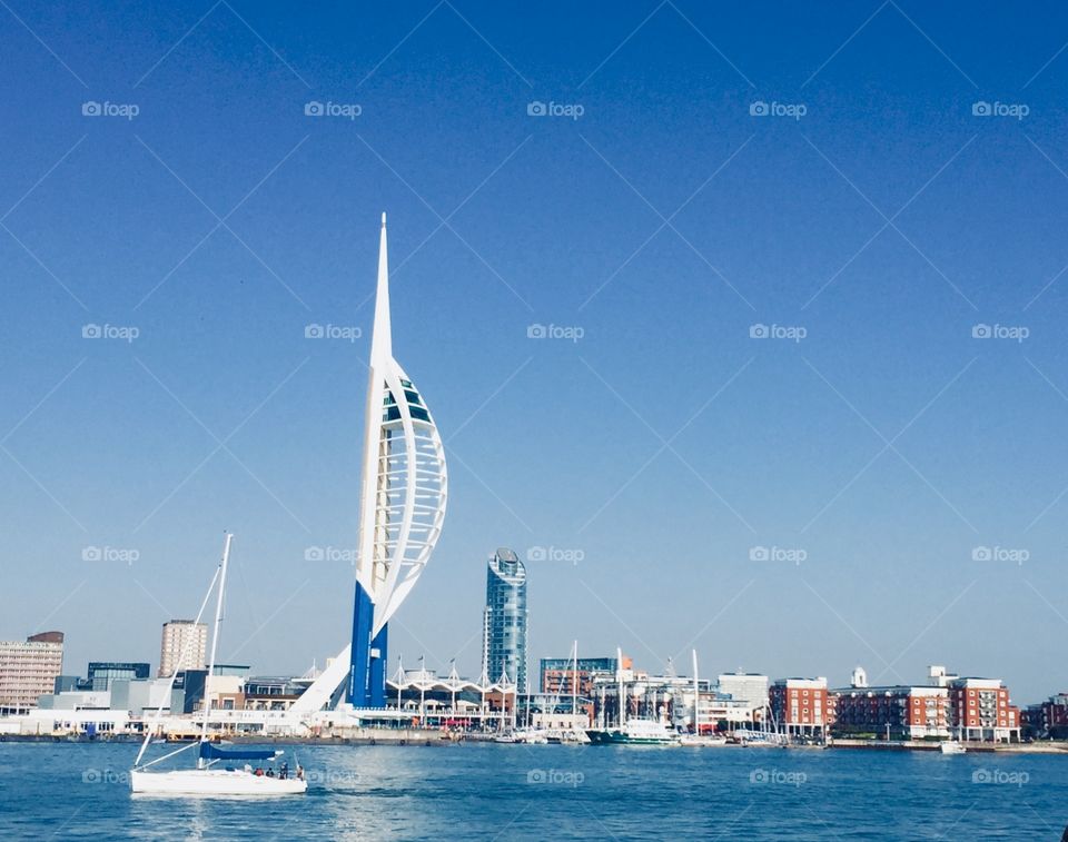 Portsmouth landscape/seascape including the Spinnaker Tower on a bright summery day with blue skies