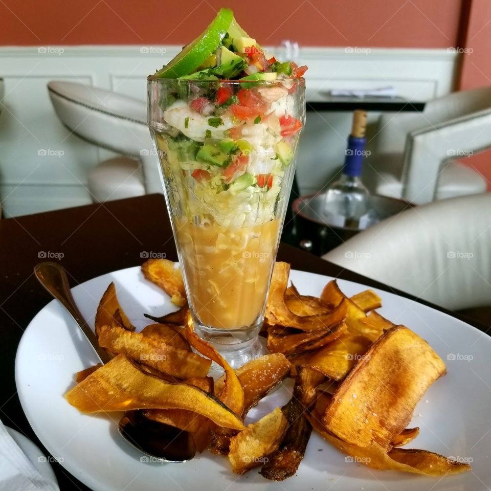 Ceviche and plantain chips