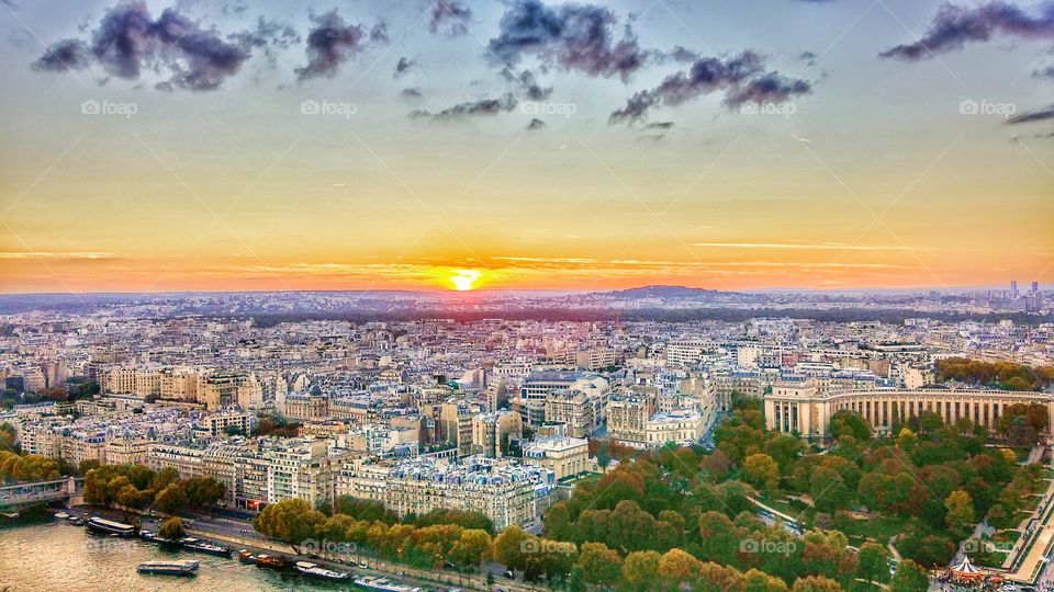 Sunset Paris city view from Eiffel tower