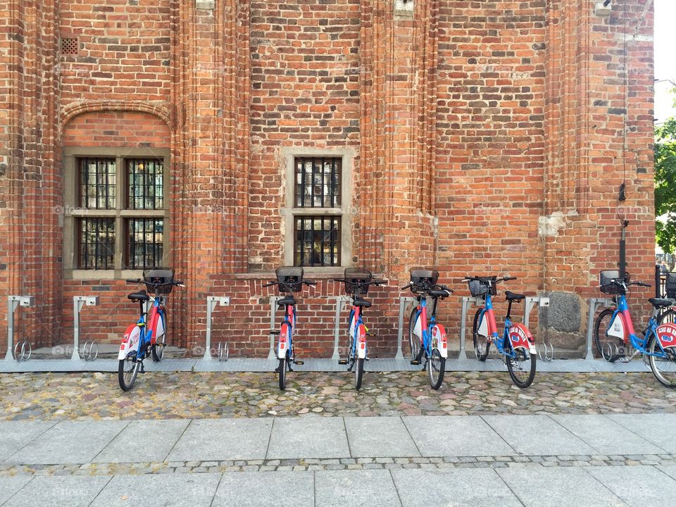 Public bicycles parked in Torun old town