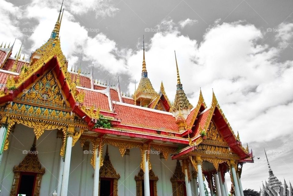 Temple in black and white sky