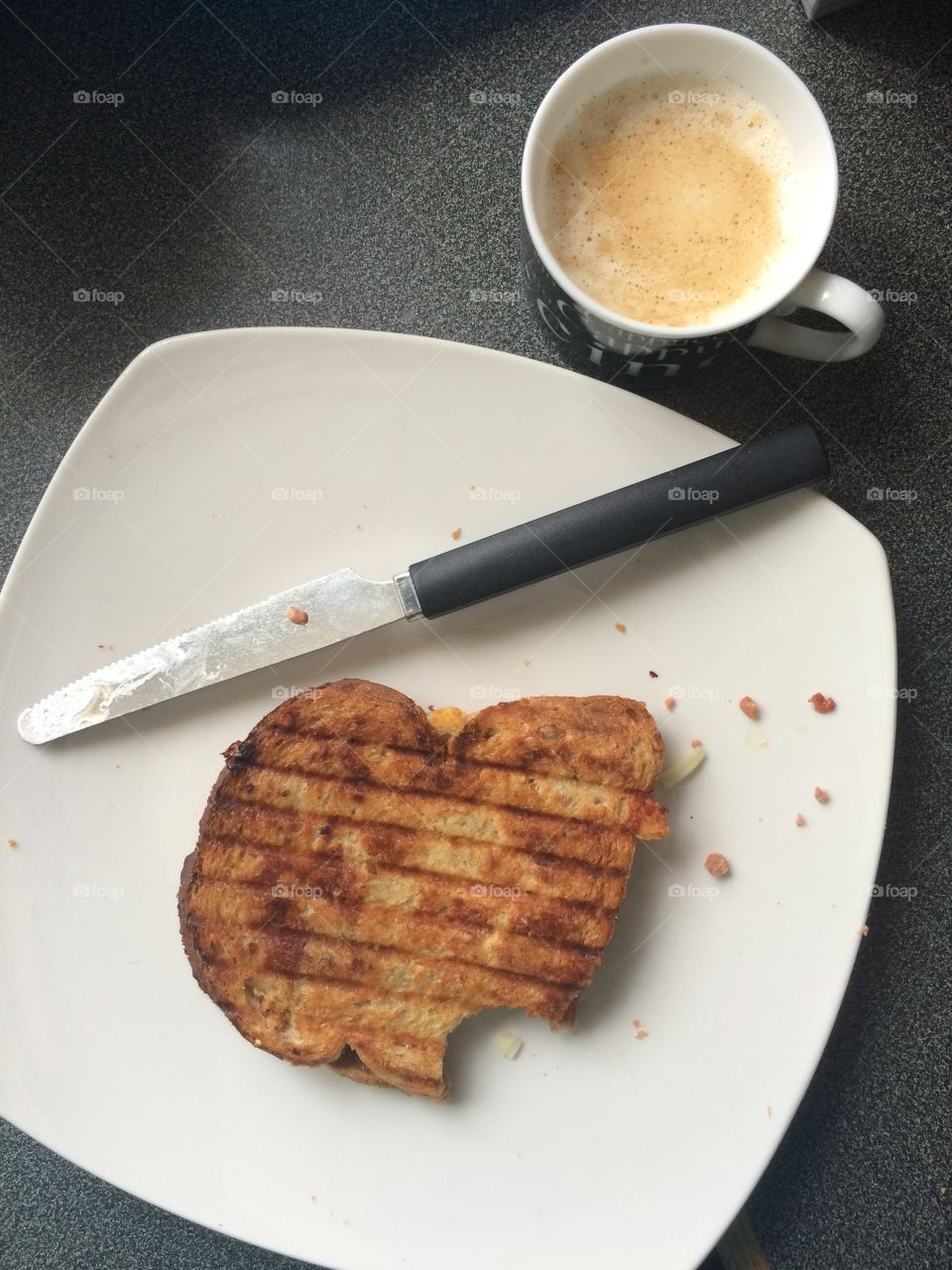 My English Sunday breakfast/brunch panini toasted grilled sandwich with espresso Cappuccino. 
