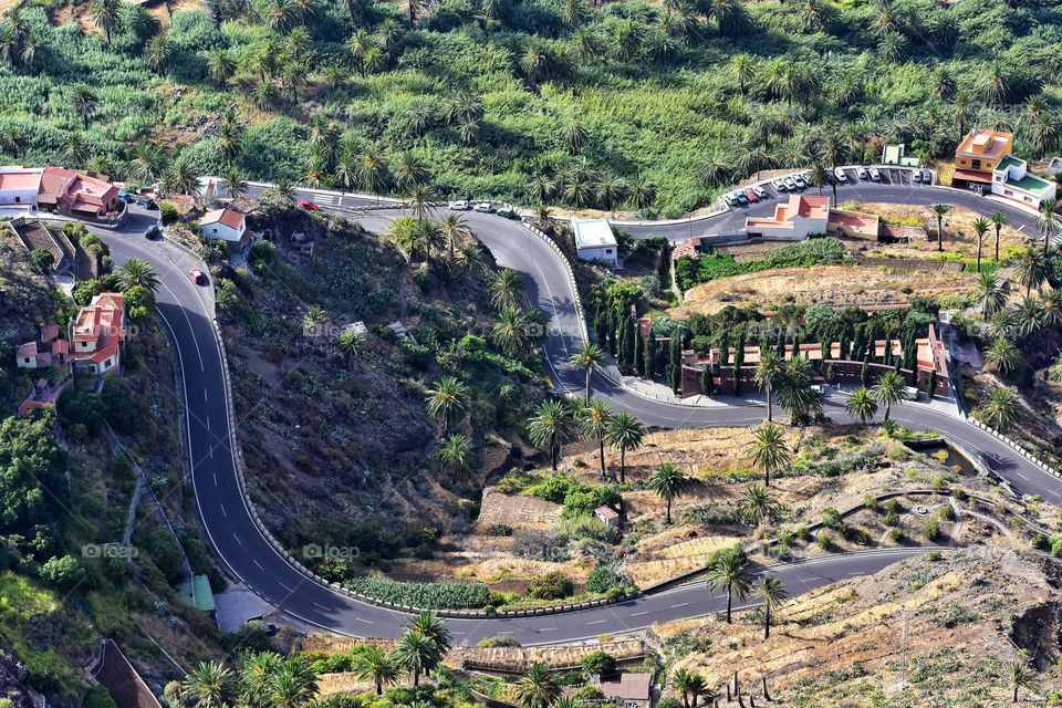 aerial road and village view on la gomera canary island in Spain
