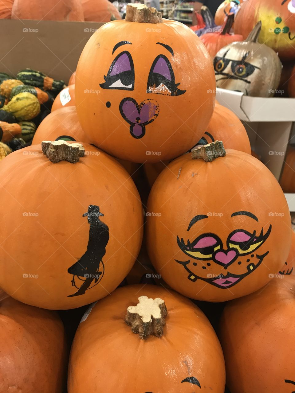 Pumpkins decorated for Halloween
