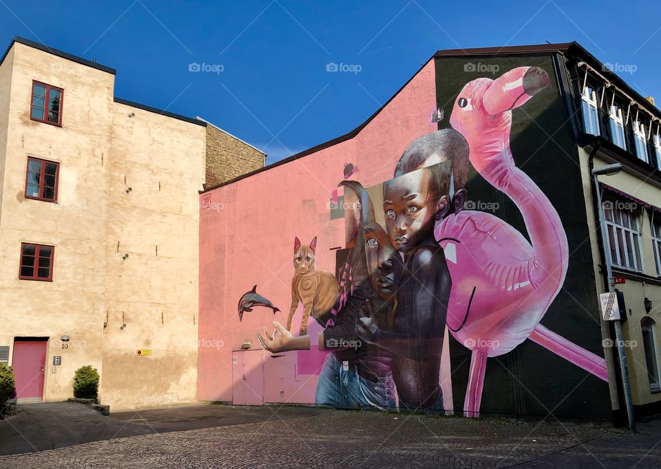 Cool street art, bird child mural art
