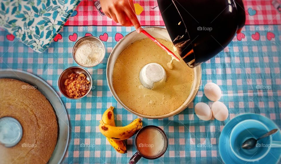 Ingredients and utensils for preparing banana cake