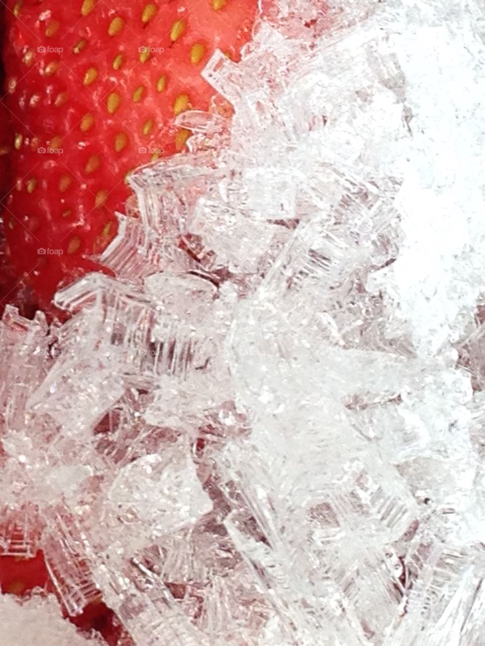Freezer burn, ice on top of strawberries