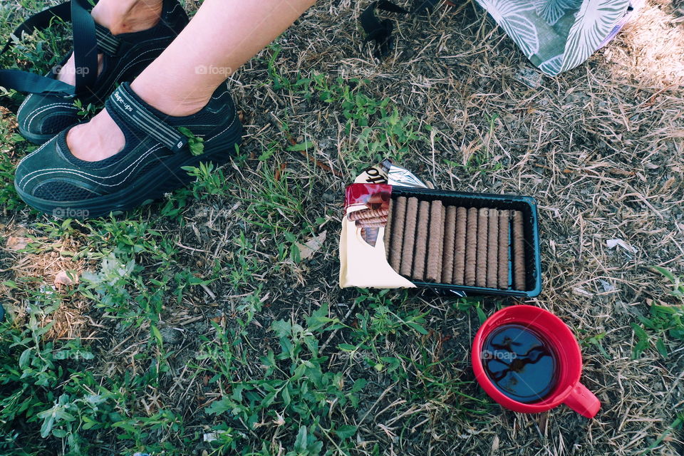 chocolate dessert and a cup of tea on the grass