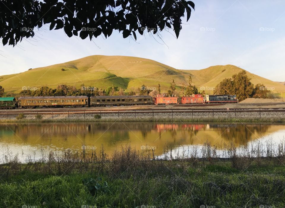 The celebrated Niles Canyon Railway holiday train casts its reflection upon the water as it passes by lush green hills beautifully lit by the vibrant afternoon sun. One can imagine cozy passengers singing holiday songs and drinking hot apple cider. 