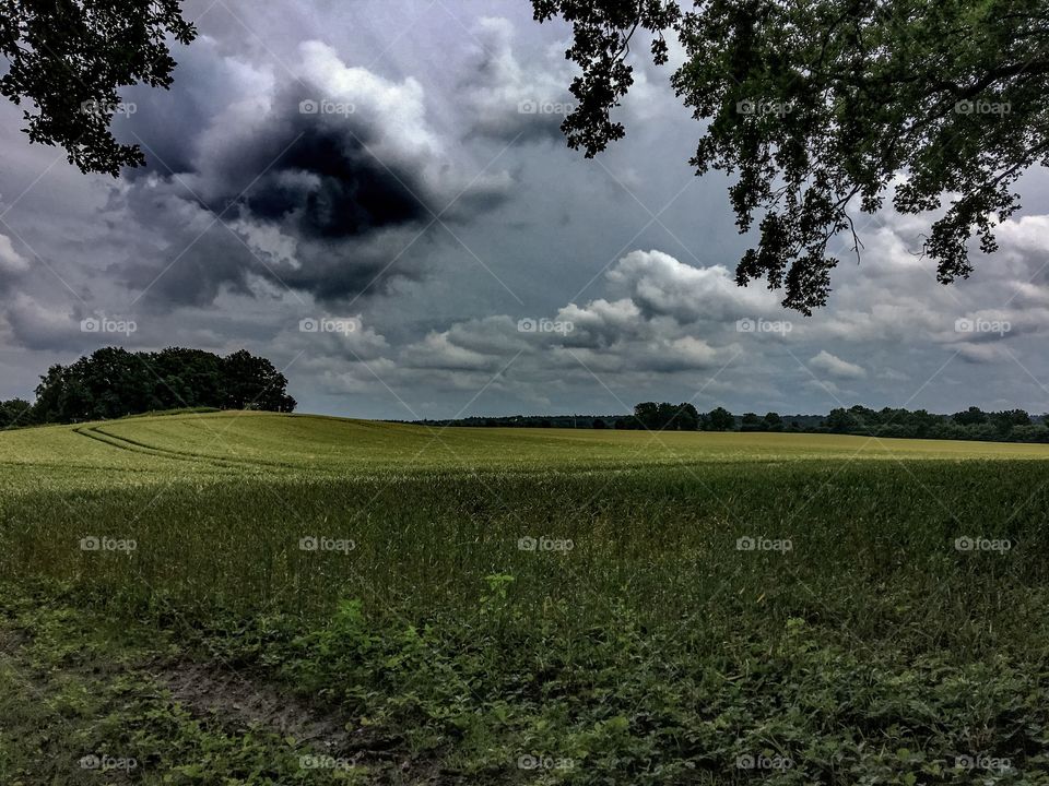 Dramatic sky over rural landscape