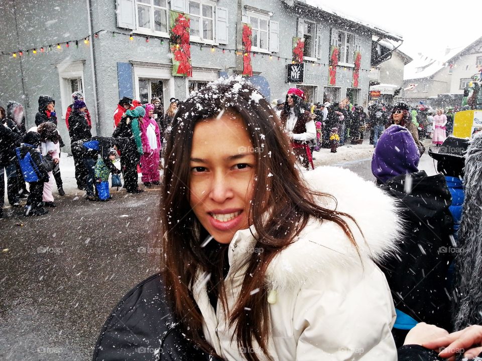 People on street in snow storm