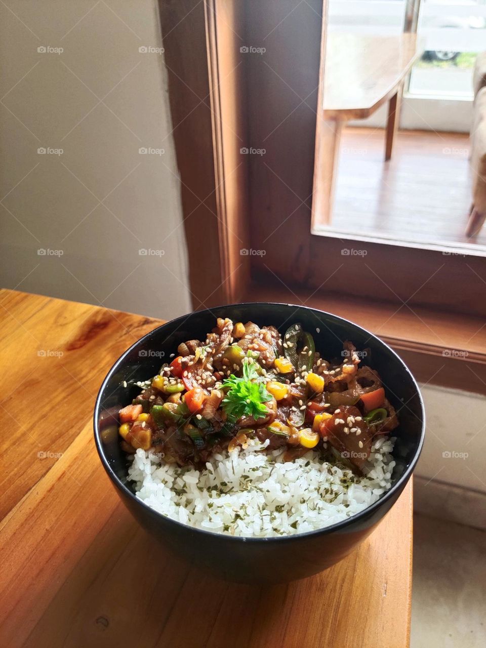 rice bowl with meat and vegetables