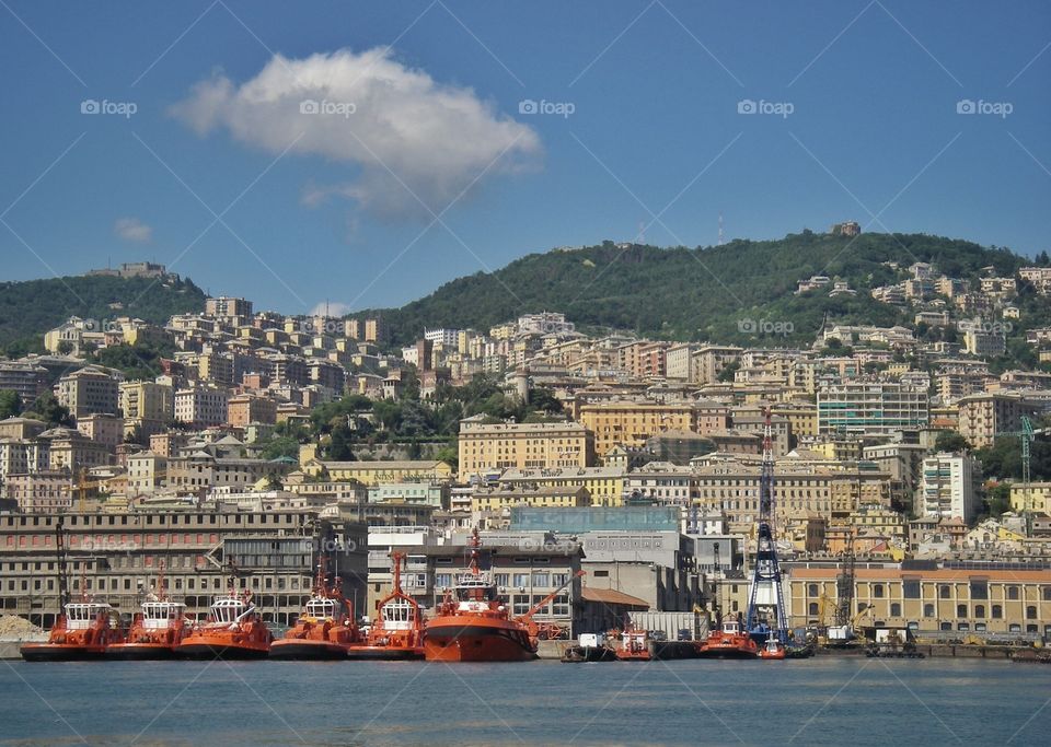 Genoa harbour. View across the harbour with the hillsides of Genoa in the background
