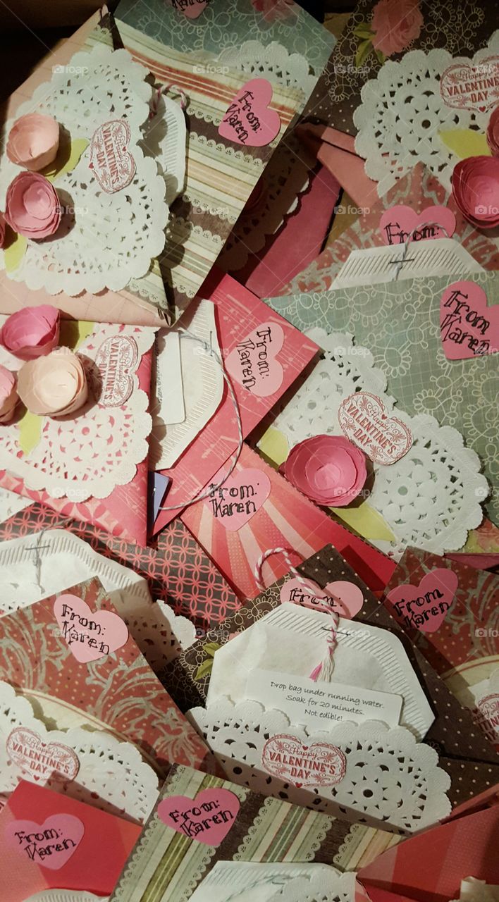 A box of handmade lacy valentine cards containing bath teas for friends.