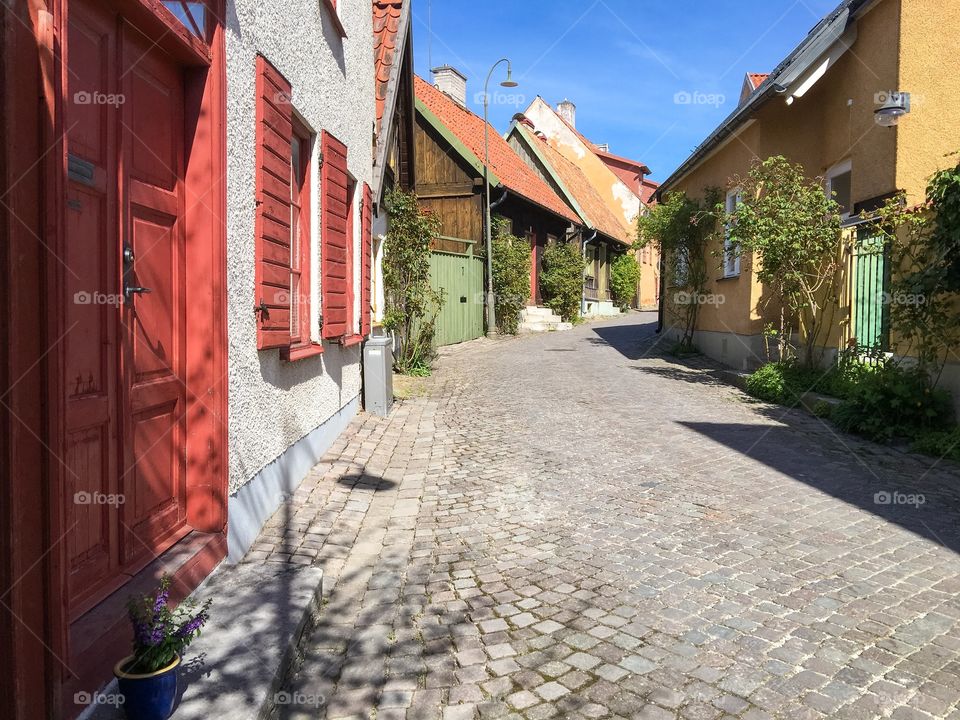 Houses with cobblestone streets in the town of Visby