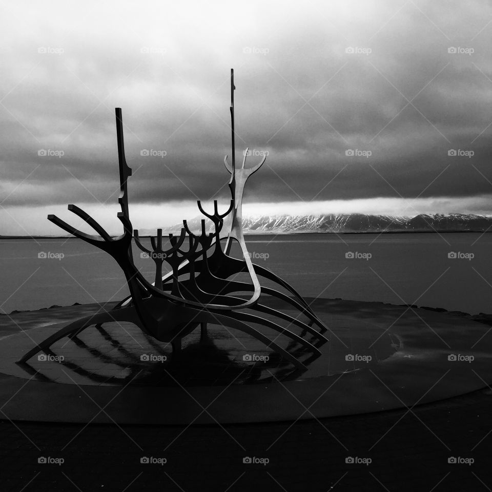 Reykjavik Viking sculpture in black and white