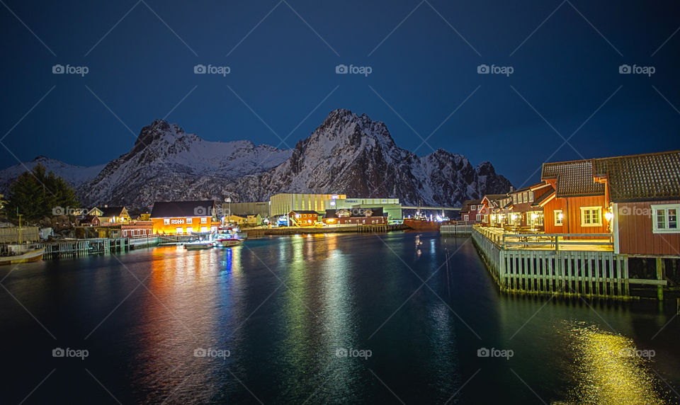 Lofoten harbor at night 