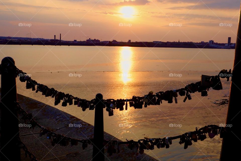 Sunset over river Mersey Liverpool 