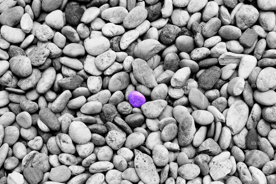 Purple rock on black and white rock